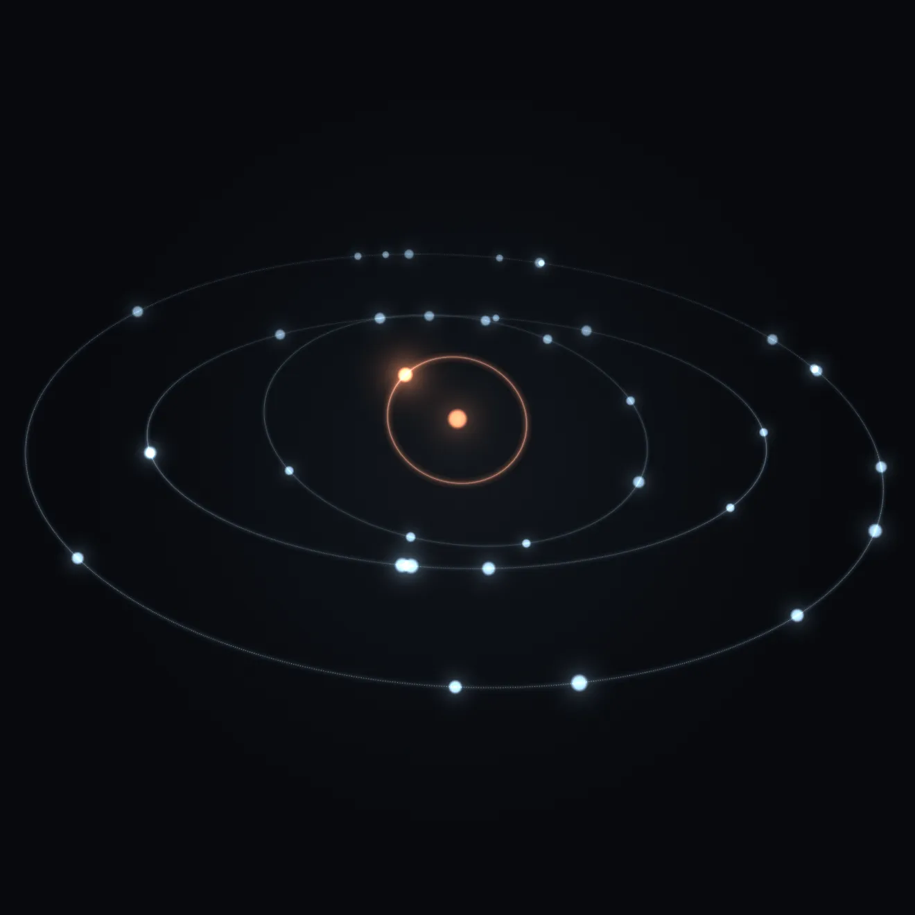 A sample day in Madar: work orbits the finance, sales and support departments as pale points, most of it handled on its own, and one step it cannot undo waits in copper on the ring round you until you approve it.