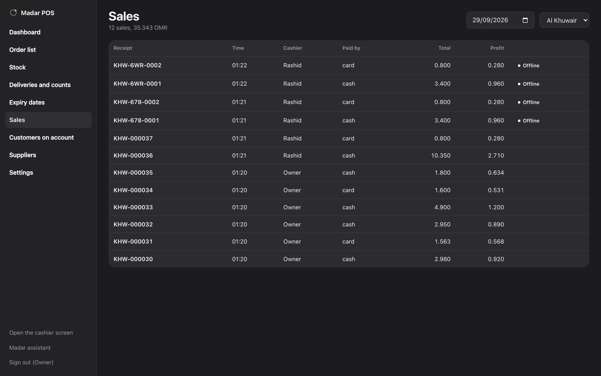 The owner's Sales page, with the sales made offline marked